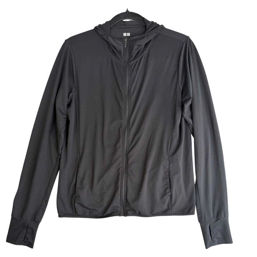 Uniqlo AIRism Full Zip Hoodie Womens M Black UV Cooling Thumbhole Lightweight